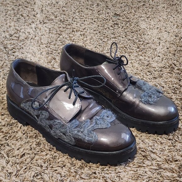 Agl Shoes - AGL Women's Oxfords Lace-Up Chunky Black Sole 6.5 Metallic Shiny Goth Witchy